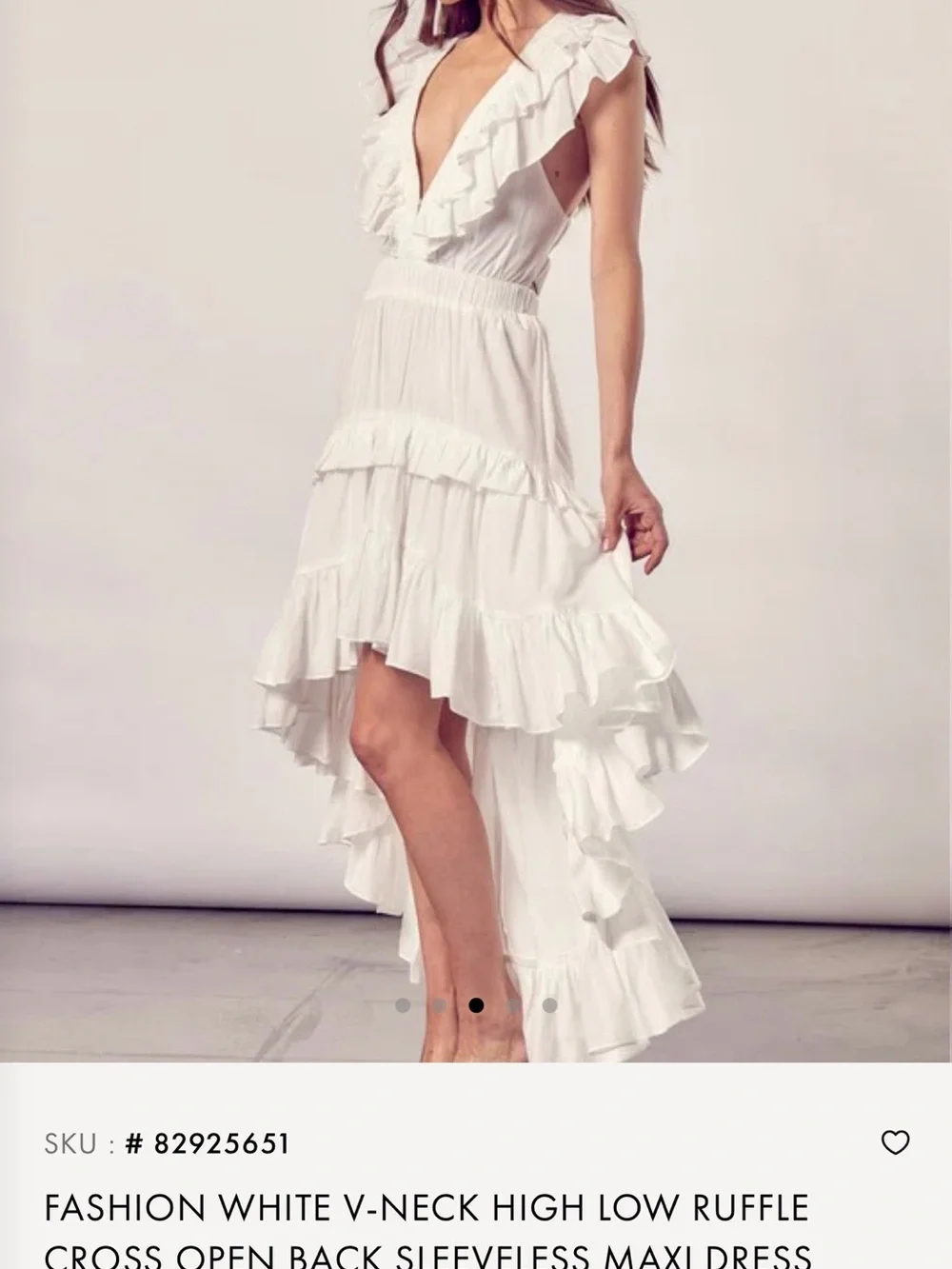 FASHION WHITE V-NECK HIGH LOW RUFFLE CROSS OPEN BACK SLEEVELESS MAXI DRESS - Picture 7 of 10